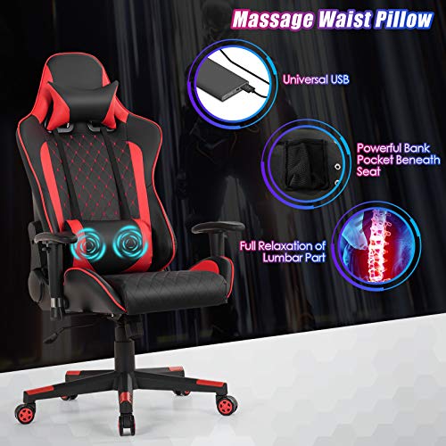 Tangkula Gaming Desk and Gaming Chair Combo Set, Computer Desk and Racing Office Chair Set w/Cup Holder, Earphone Hook, Lumbar Massage and Headrest, Home Office Furniture Set (Red)
