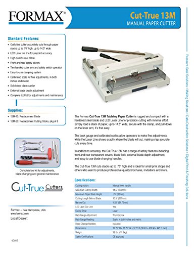 FORMAX Cut-True 13M Tabletop Manual Guillotine Cutter, Manual lever handle, 14.5" Maximum Cutting Width, 5/8" Maximum Paper Stack Height, 1.58" Narrow Cut, LED Laser Cut Line, Blade Change Handles