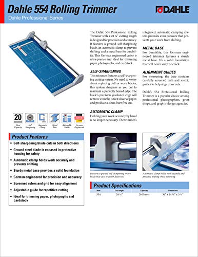 Dahle 554 Professional Rolling Trimmer, 28-1/4" Cut Length, 20 Sheet Capacity, Self-Sharpening, Automatic Clamp, German Engineered Paper Cutter