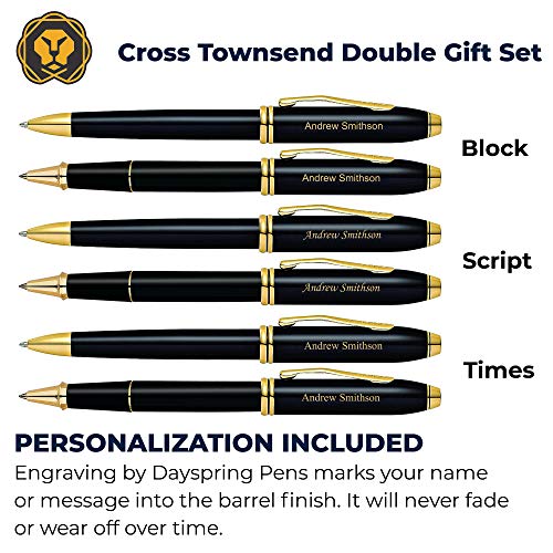 Engraved Cross Pen Set | Personalized AT Cross Townsend Black Ballpoint and Rollerball Pen Set with 23k Gold Accents. Custom Engraved Fast by Dayspring Pens.