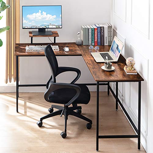 YMYNY L Shaped Computer Desk, Industrial Corner Table for Home Office, PC Laptop Workstation, Study Writing Gaming Table with Monitor Stand, Easy to Assemble, Rustic Brown UHTMJ052H