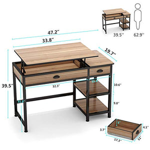 Lift Top Desk with Drawers, 47 inch Computer Desk with Shelves, Height Adjustable Standing Desk with Monitor Riser, Study Table Writing Desk for Home Office (Oak)