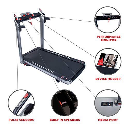 Sunny Health & Fitness ASUNA SpaceFlex Electric Running Treadmill with Auto Incline, LCD and Pulse Monitor, Speakers, Device Holder, 220 LB Max Weight, Folding and Transportation Wheels - 7750