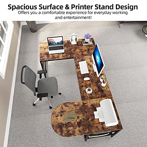 TIYASE U Shaped Desk with Storage Shelves, Large L-Shaped Desk Corner Computer Office Desk with Printer Stand and Bookshelf, Rustic Executive Office Desk Workstation, 78.7 x 47.2 inches