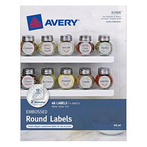 Avery Embossed Round Labels, Matte Silver Foil, 2 Inch Diameter, Pack of 48 (41466)