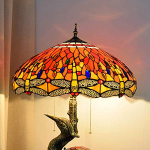 Xiaochen Antique Tiffany Style Male Bird Desk Lamp 20" - Crimson Dragonfly Glass Lampshade for Living Room Study Bedroom