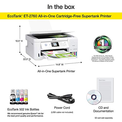 Epson EcoTank ET-2760 Wireless Color All-in-One Cartridge-Free Supertank Printer with Scanner and Copier (Renewed)