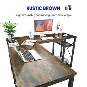 Foxemart L-Shaped Computer Desk, Industrial Corner Desk Writing Study Table with Storage Shelves, Space-Saving, Large Gaming Desk 2 Person Table for Home Office Workstation, Rustic Brown/Black
