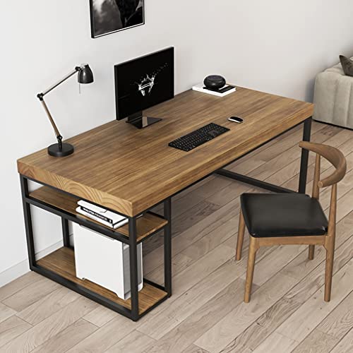 Solid Wood Computer Desk with Storage Rack, Wrought Iron, 5cm Thick - 200x80x75cm