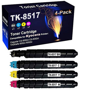 4-Pack (BK+C+Y+M) Compatible CS-5052ci CS-6052ci 5052ci 6052ci Printer Toner Cartridge Replacement for Kyocera TK-8517K TK-8517C TK-8517Y TK-8517M TK-8517 TK8517 Color Toner Cartridge