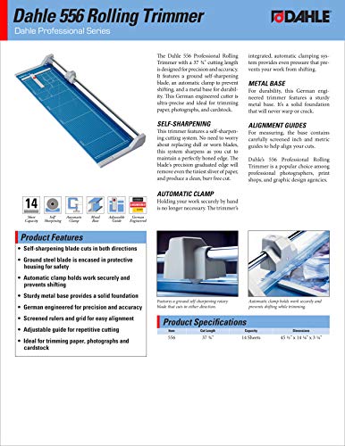 Dahle 556 Professional Rolling Trimmer, 37-3/4" Cut Length, 14 Sheet Capacity, Self-Sharpening, Automatic Clamp, German Engineered Paper Cutter, Blue, Gray (00556-21248)