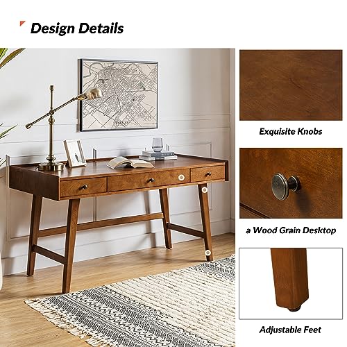 HULALA HOME Home Office Desk with 3 Drawers, Solid Wood Legs, Charging Station, Cable Management - Mid Century Modern Writing Table - Walnut