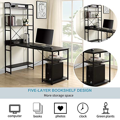 54" Reversible Large Computer Desk with 8 Storage Shelves, Office Desk Study Table Writing Desk Workstation with Hutch Bookshelf for Home Office, Black