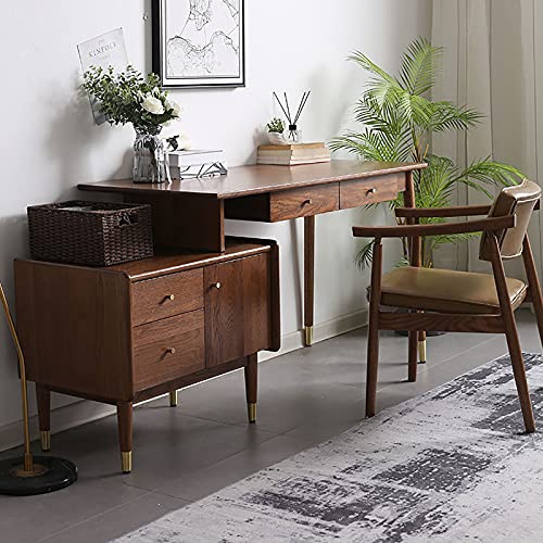 Home Office Computer Workstations Writing Study Table with Telescopic Cabinet, Solid Wood Laptop PC Desk