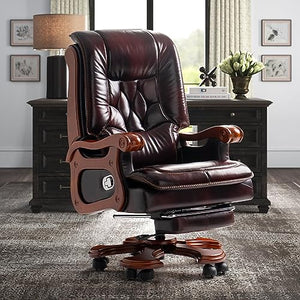 Kinnls Massage Office Chair with Footrest Genuine Leather Vintage Executive Chair