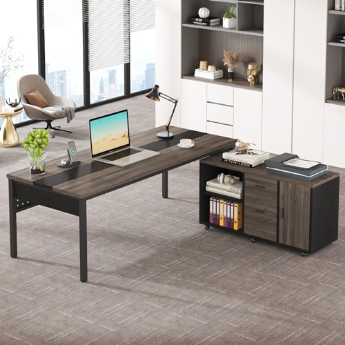 Tribesigns Executive Office Desk and Lateral File Cabinet Combo, L-Shaped Business Furniture, Grey & Black