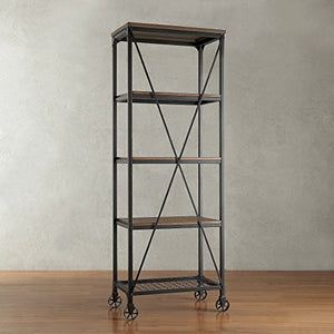 ModHaus Living Modern Industrial Rustic Riveted Black Metal & Wood Bookcase Shelf with Decorative Wheels - Includes (R) Pen