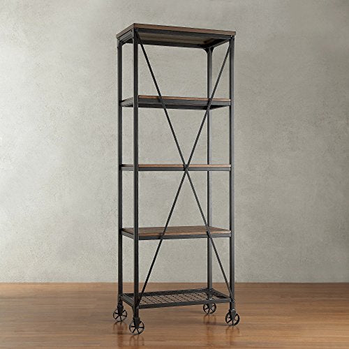 ModHaus Living Modern Industrial Rustic Riveted Black Metal & Wood Bookcase Shelf with Decorative Wheels - Includes (R) Pen