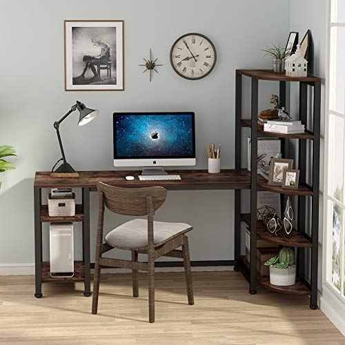 Tribesigns Industrial Computer Desk with 5 Tier Storage Shelves, 67 inch Large Office Desk Study Writing Table Workstation with Corner Bookshelf and Tower Shelf for Home Office, Retro Brown