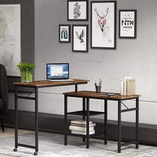 JCXT L-shaped desk computer corner desk, home office with shelves gaming writing workstation large monitor stand, space-saving, easy to assemble shaped Rustic Wood and Metal Office Desk with Storage S