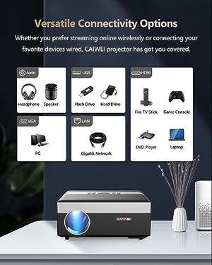 CAIWEI 4K Native 1080P Projector with 5G WIFI, Bluetooth, Android TV, Netflix/YouTube/Prime Video Compatible, 800ANSI High Lumen Outdoor Movie Projector