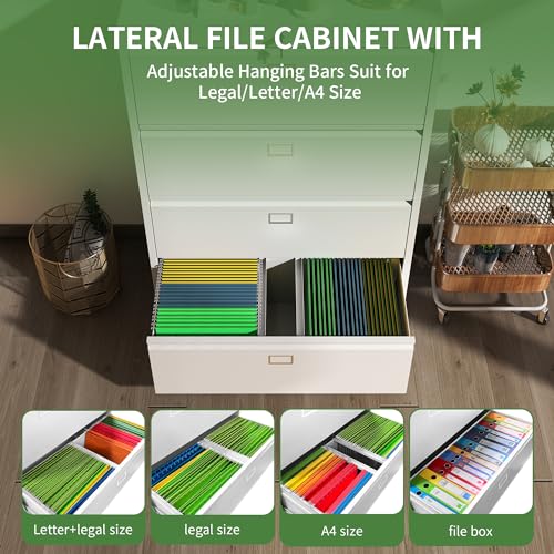 VIYET Lateral File Cabinet with Lock, 4 Drawer Metal Filing Cabinet - White