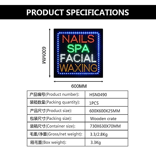 LED Nails SPA Massage Facial Waxing Open Light Sign Super Bright Electric Advertising Display Board for Eyelash Extension Business Shop Store Window Bedroom (24" x 24", HSN0179)