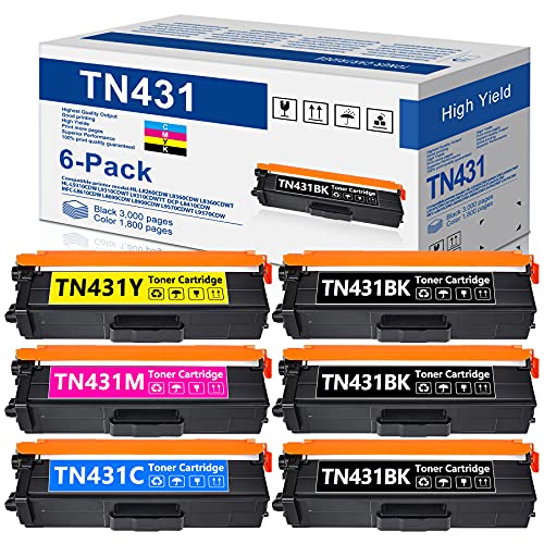 6-Pack(3BK+1C+1M+1Y) Compatible TN431 Toner Cartridge Replacement for Brother TN-431 HL-L8260CDW HL-L8360CDW MFC-L8900CDW MFC-L8610CDW Color Printer