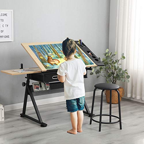 DSFHKUYB Art Desk/Table with Adjustable Height and 2 Drawers Tiltable Tabletop Drafting/Drawing Table Art/Craft Desk with Stool Home and Office Furniture