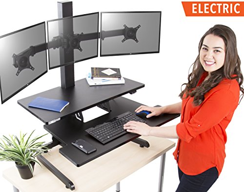 Stand Steady Techtonic Electric 2 Arm Monitor Mount Standing Desk | Large Spacious Stand Up Desk | Easy Sit to Stand with The Push of a Button - Quiet! | 3 Levels to Maximize Your Space!