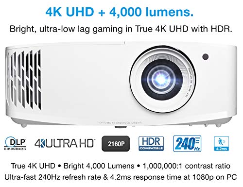 Optoma UHD38 4K Gaming Projector | 4000 Lumens | 4.2ms Response Time | Enhanced Gaming Mode | 240Hz Refresh Rate | HDR10 & HLG
