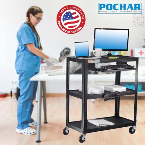 POCHAR Extra Large 3 Tier Rolling Cart with Power Strip - Heavy Duty Utility Cart - 14 Gauge 2mm Durable - Supports Up to 300 LBs - Black