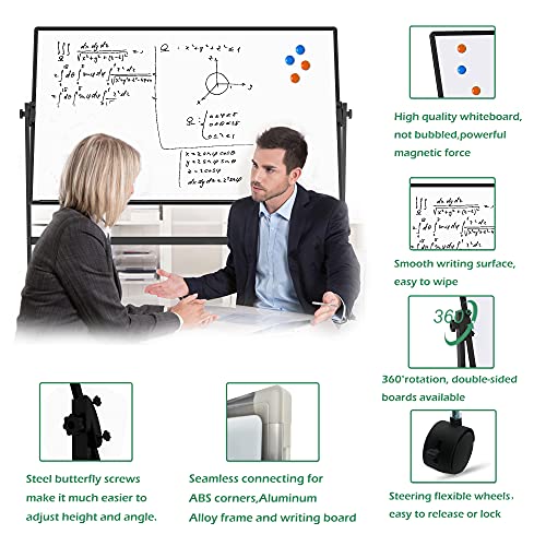 60”x36”Dry Erase Board with Stand,Adjustable Height Double-Sided Magnetic Whiteboard with Beside Stopper,Rolling Whiteboard with White Aluminium Frame ,A Great Partner on Office,Classroom,Salon