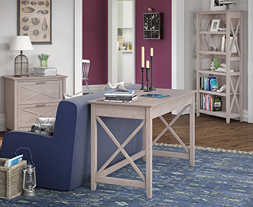 Bush Furniture Key West 48W Writing Desk with 2 Drawer Lateral File Cabinet and 5 Shelf Bookcase in Washed Gray