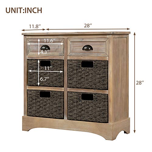 TREXM Rustic Storage Cabinet with Two Drawers and Four Classic Fabric Basket for Kitchen/Dining Room/Entryway/Living Room, Accent Furniture (White Washed)