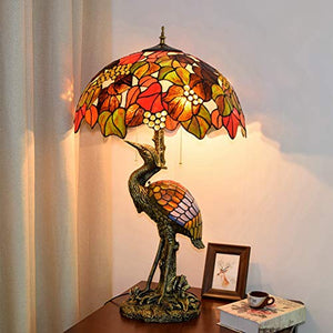 Xiaohu Rustic Tiffany Style Male Crane Table Lamp, 50CM Brown Grape Glass Lampshade Night Light