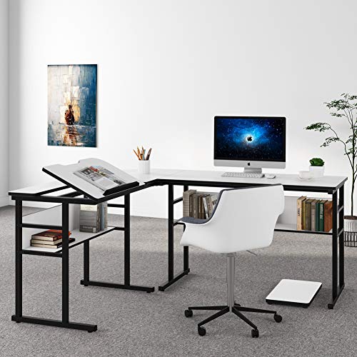 Tribesigns L-Shaped Computer Desk with Storage Shelves, Large Corner Computer Desk Study Writing Workstation Drafting Table with Bookshelf and Tiltable Drawing Board for Home Office (White, 67 in)