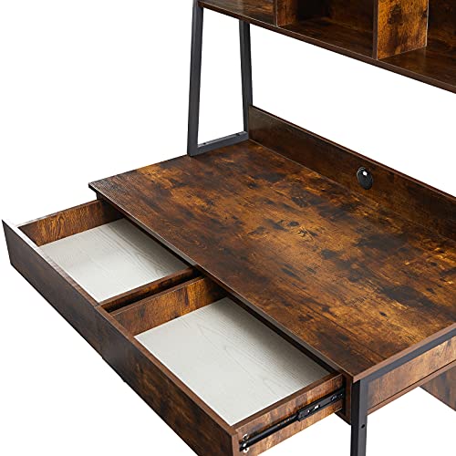 Rustic Wood Computer Desk with Hutch & Bookshelf for Home Office Dorm, Sturdy Gaming Table Study Writing Desk Workstation with Storage Drawers, Wheeled CPU Stand & Metal Frame for Small Spaces (Brown)