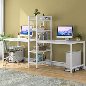 Tribesigns Two Person Computer Desk with Bookshelf, 89 Inches Office Double Desk with 2 CPU Stands, Rustic Writing Desk Workstation Table with Shelves for Home Office for Two Person (White)