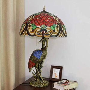 Xihe Tiffany Antique Table Lamp 20" Female Bird Desk Lamp - Colored Roses Glass Lampshade