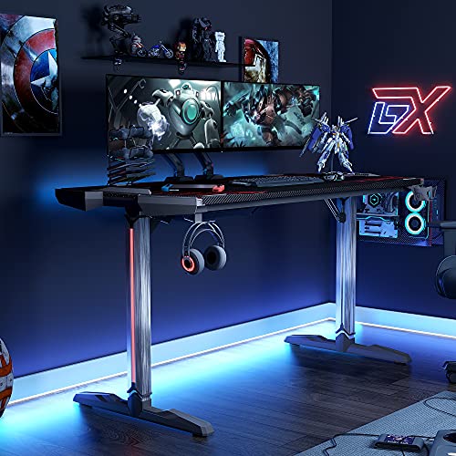 GALAXHERO Gaming Desk, 61.2'' Computer Desk with RGB LED Lights and Aluminum Alloy Legs, Gamer Workstation with Carbon Fiber Texture Surface and Full Size Mouse Pad