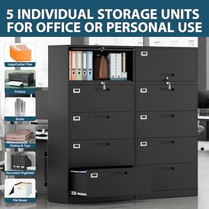 MIIIKO 4 Drawer File Cabinet with Shelf, 5 Tier Metal Lateral Filing Cabinet - 36" Wide, Lockable - Home Office Storage