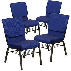 Flash Furniture Church Chair 4 Pack in Navy Blue Patterned Fabric with Book Rack - Gold Vein Frame