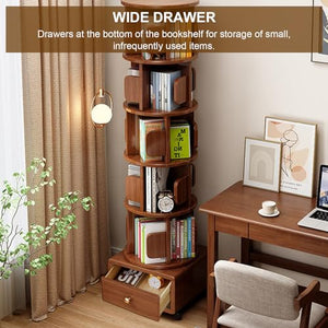 ARMERI 5-Tier Rotating Bookshelf with Storage Drawer, 360° Display - Wooden Corner Bookcase Storage Rack