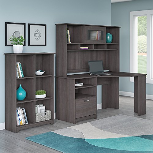 Bush Furniture Cabot Corner Desk with Hutch and 6 Cube Organizer in Heather Gray