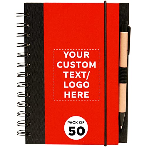 50 ECO Block Notebooks with Pens Pack - Customizable Text, Logo - Spiral, Recycled, Elastic Loop - Red