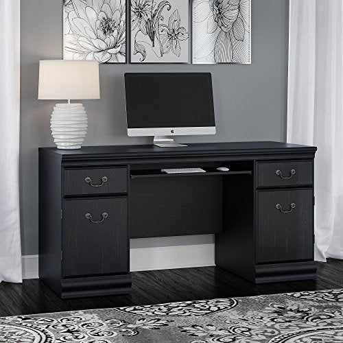 Bush Furniture Birmingham Credenza Desk with Keyboard Tray and Storage in Antique Black