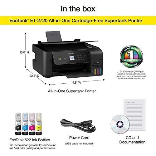 Epson EcoTank ET-2720 Wireless Color All-in-One Supertank Printer with Scanner and Copier - Black (Renewed)