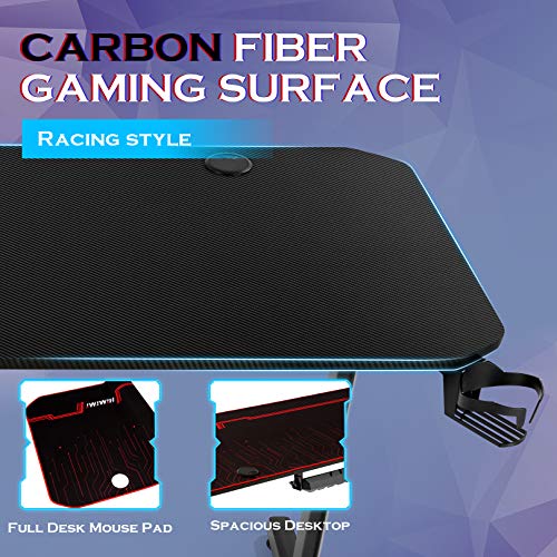55 Inch Ergonomic Gaming Desk, T-Shaped PC Game Computer Desk Workstation, Home Office Gamer Desk, Professional Gaming Desk with Full Desk Mouse Pad, Cup Holder & Headphone Hook
