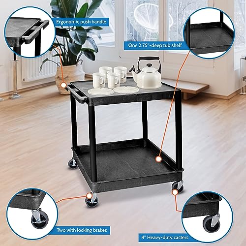 Offex Mobile Multipurpose Utility Cart with Large Flat Top and Tub Bottom Shelf - Black